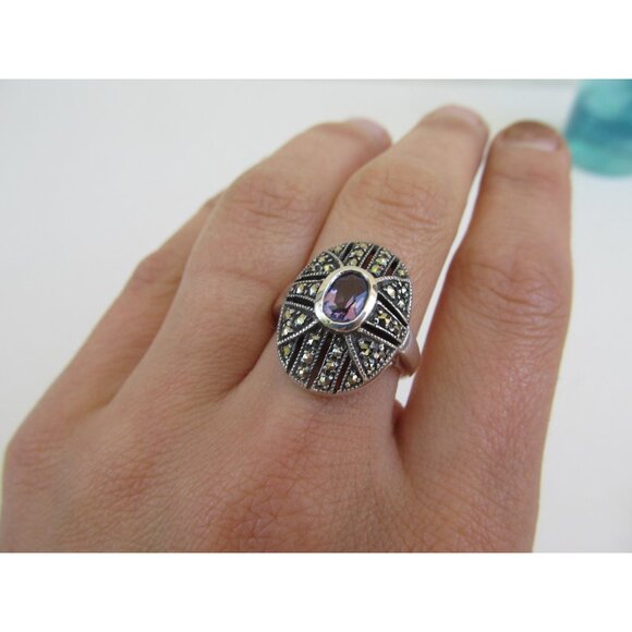 Vintage amethyst sterling silver ring sz 6.75 marcasite art deco engagement ring - Picture 5 of 9